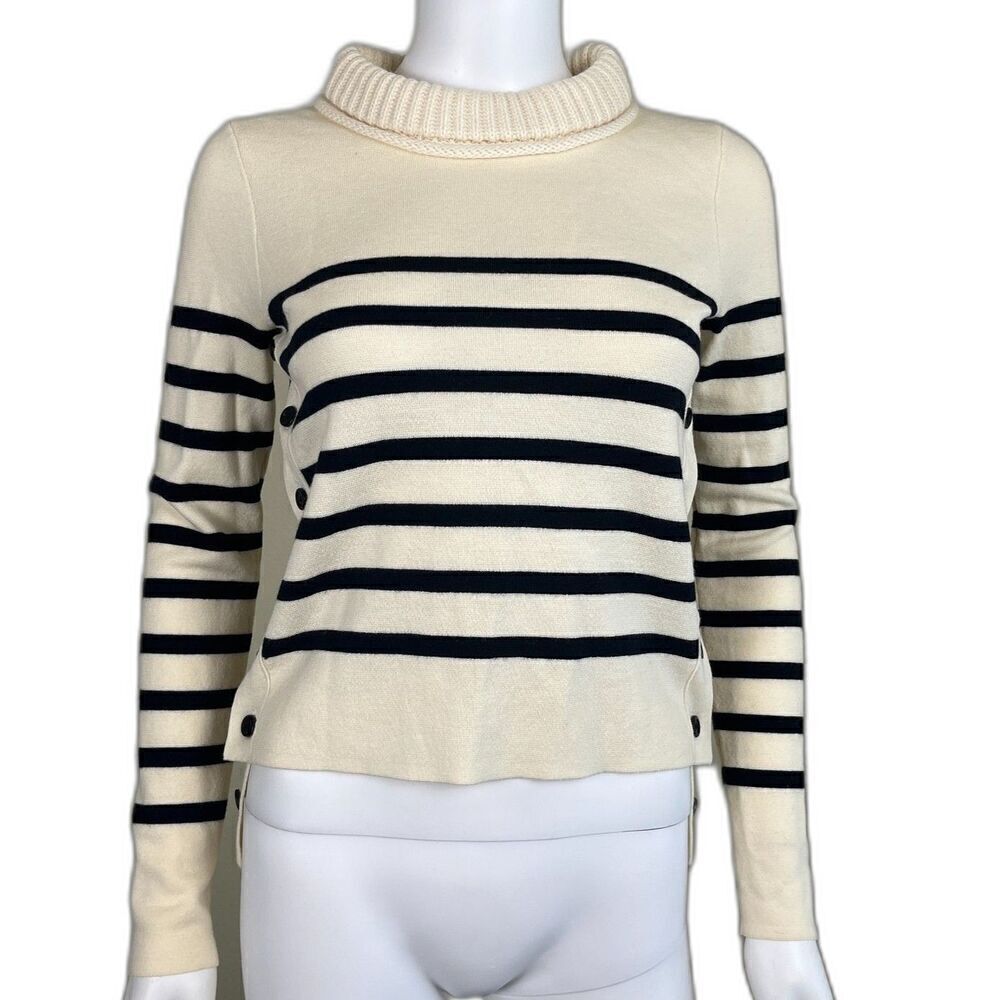Intermix Women's Size S Cream Declan Striped Wool Mockneck Knit Sweater High Low